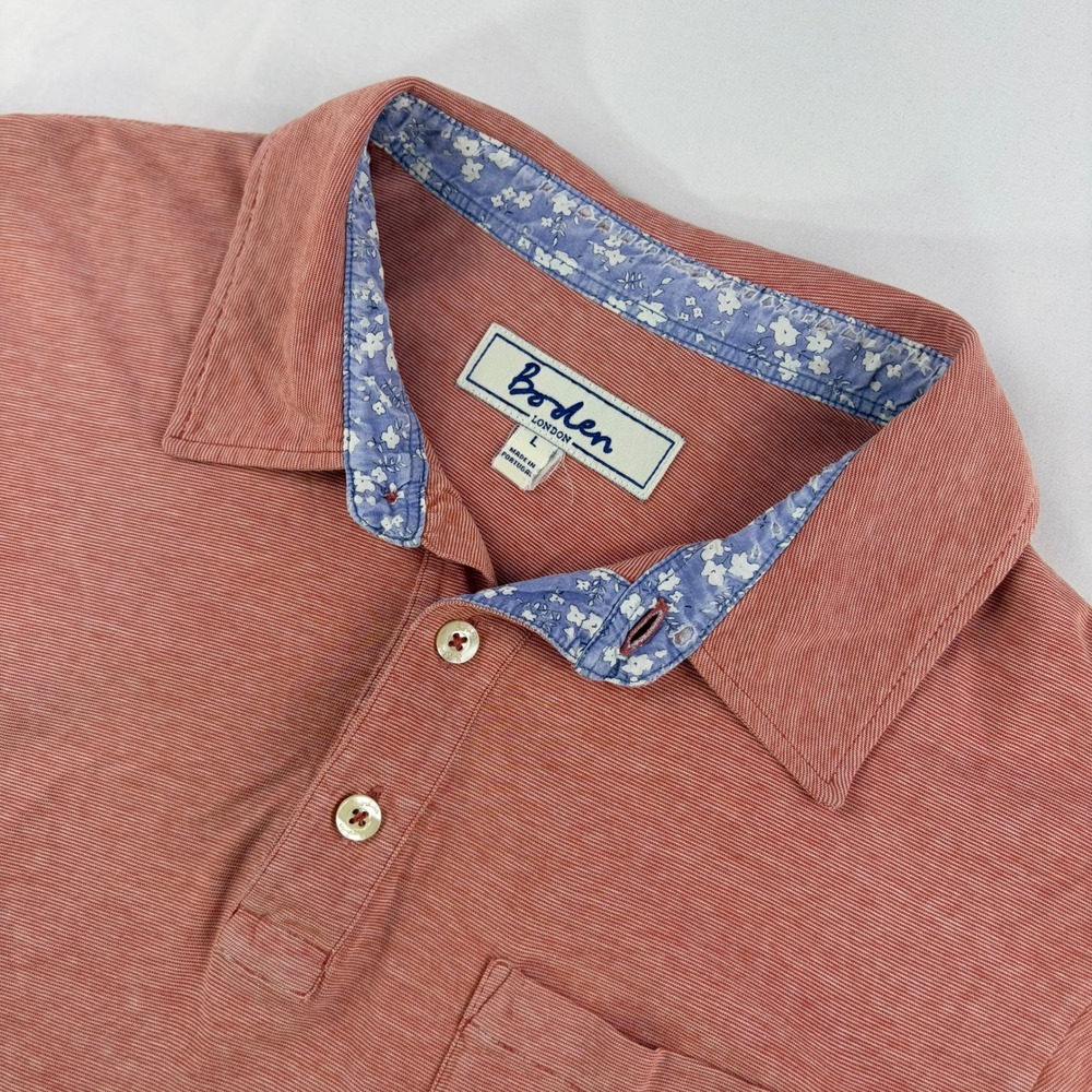 Boden Micro-Stripe Polo Shirt Mens Large Salmon Pink Floral Collar Trim Casual